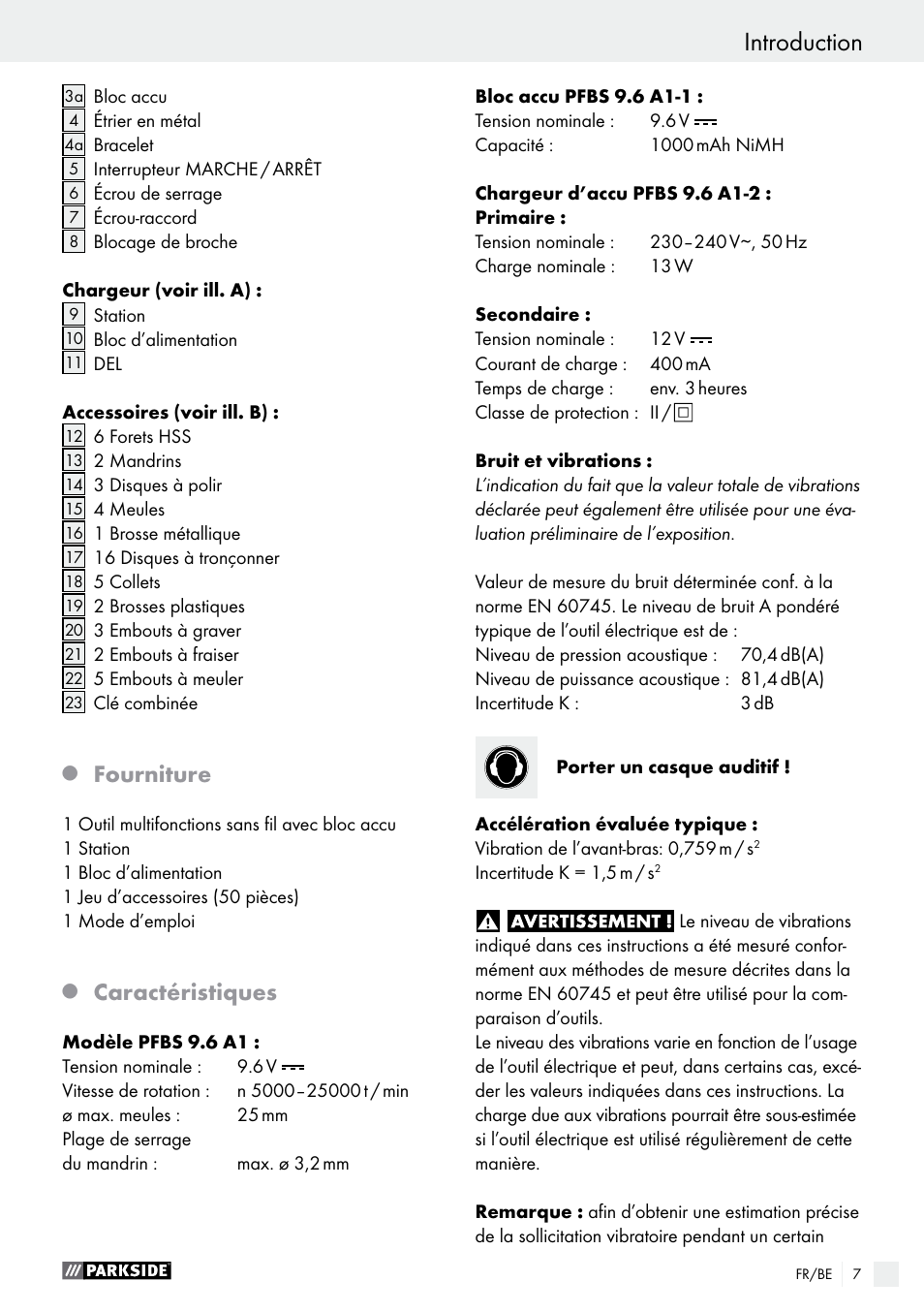 Introduction, Fourniture, Caractéristiques | Parkside PFBS 9.6 A1 User Manual | Page 7 / 60