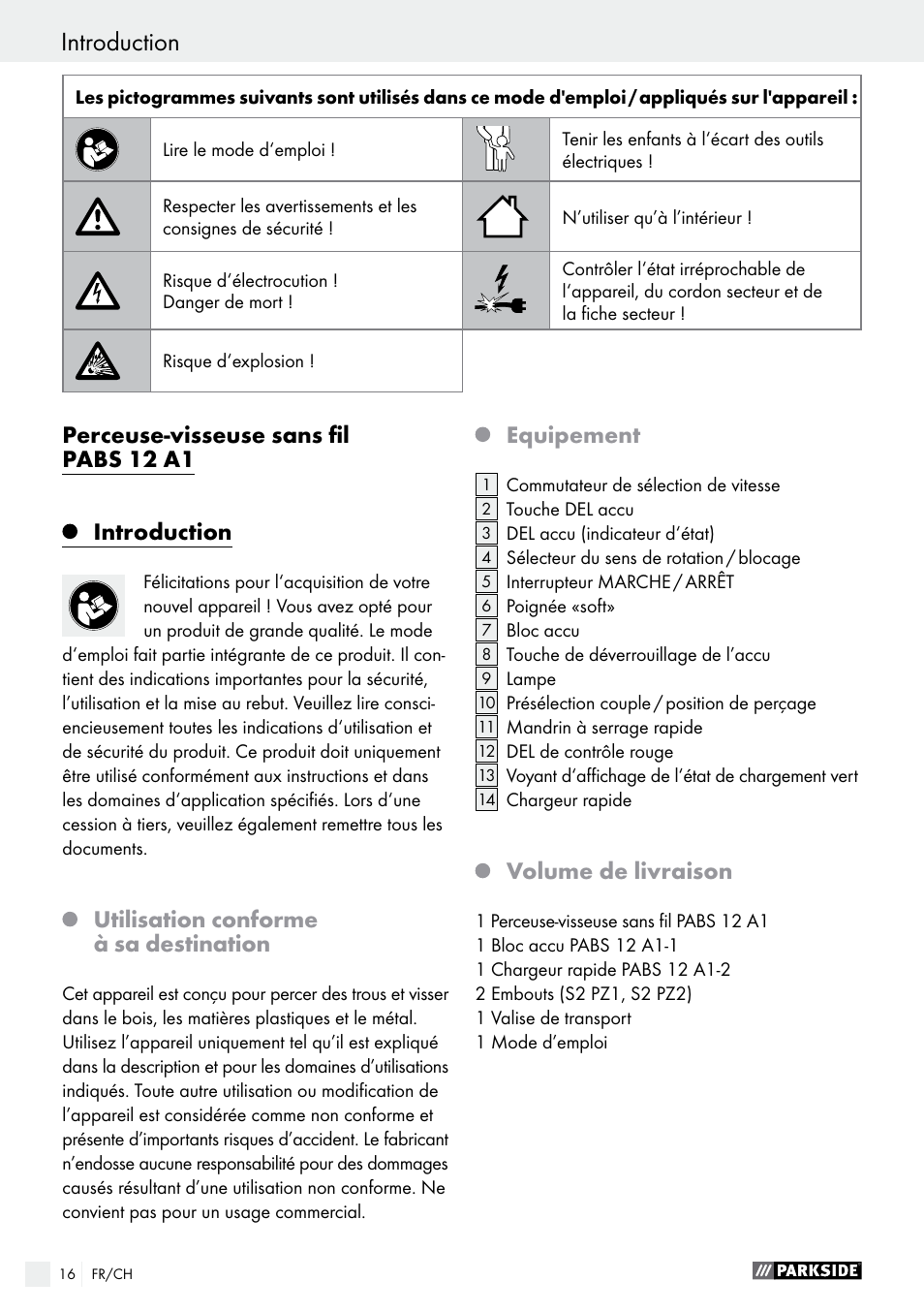 Perceuse-visseuse sans fil pabs 12 a1, Introduction, Utilisation conforme à sa destination | Equipement, Volume de livraison | Parkside PABS 12 A1 User Manual | Page 16 / 45