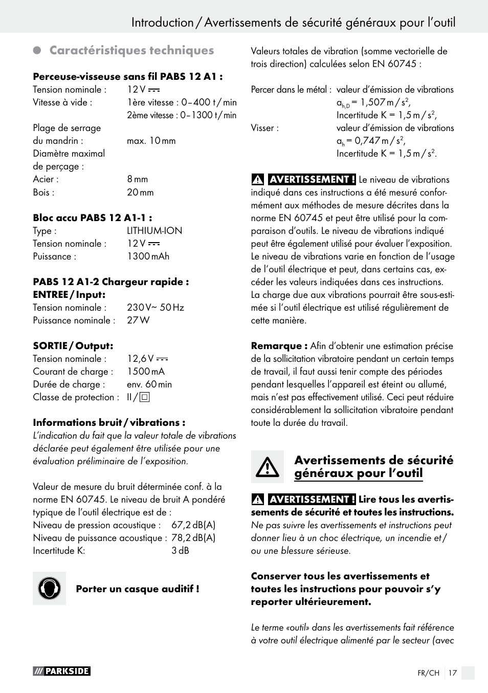 Caractéristiques techniques, Avertissements de sécurité généraux pour l’outil | Parkside PABS 12 A1 User Manual | Page 17 / 45