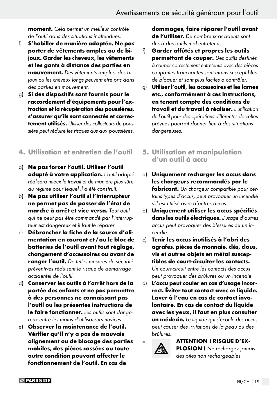 Avertissements de sécurité généraux pour l’outil, Utilisation et entretien de l’outil, Utilisation et manipulation d’un outil à accu | Parkside PABS 12 A1 User Manual | Page 19 / 45