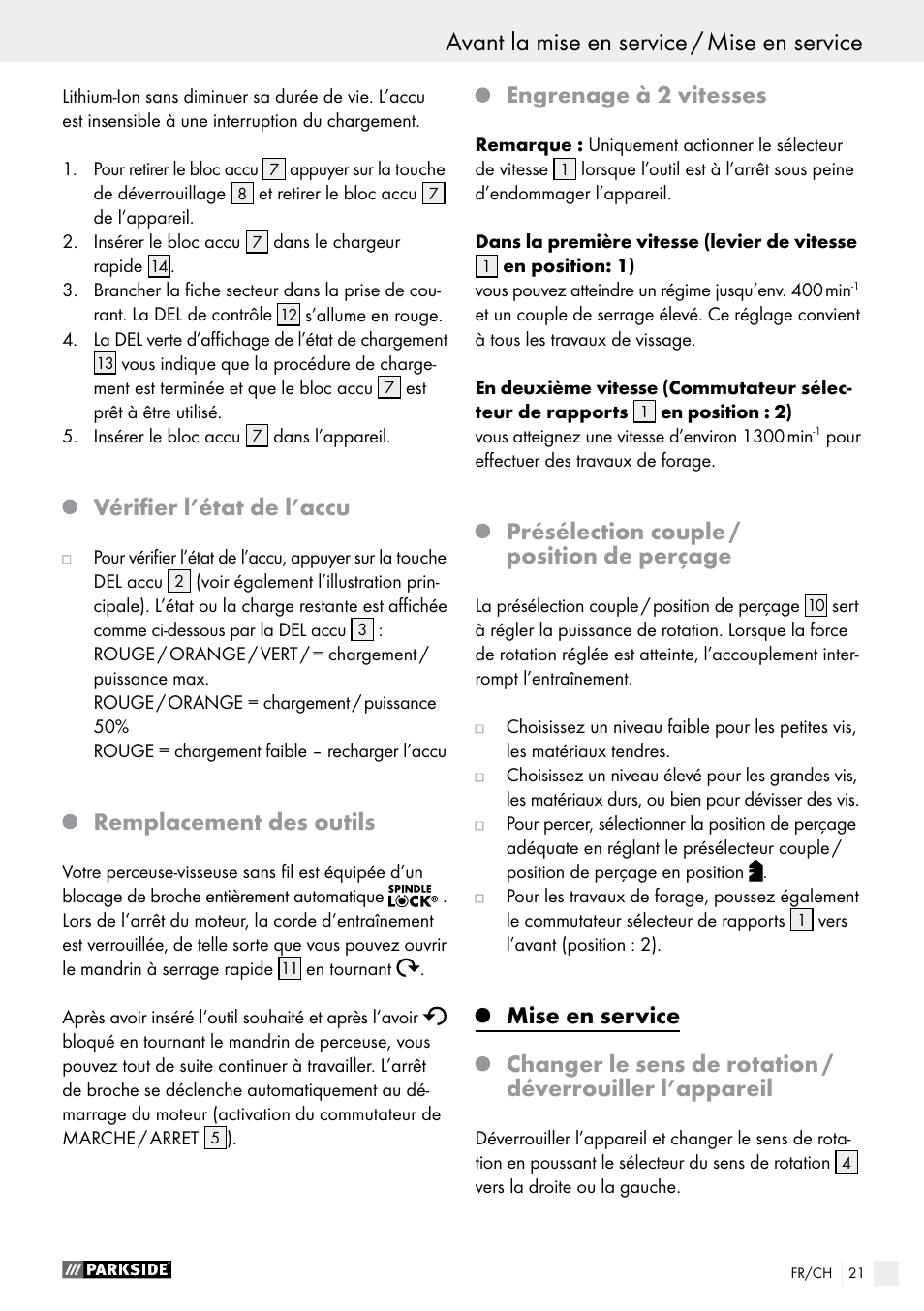 Vérifier l’état de l’accu, Remplacement des outils, Engrenage à 2 vitesses | Présélection couple / position de perçage | Parkside PABS 12 A1 User Manual | Page 21 / 45