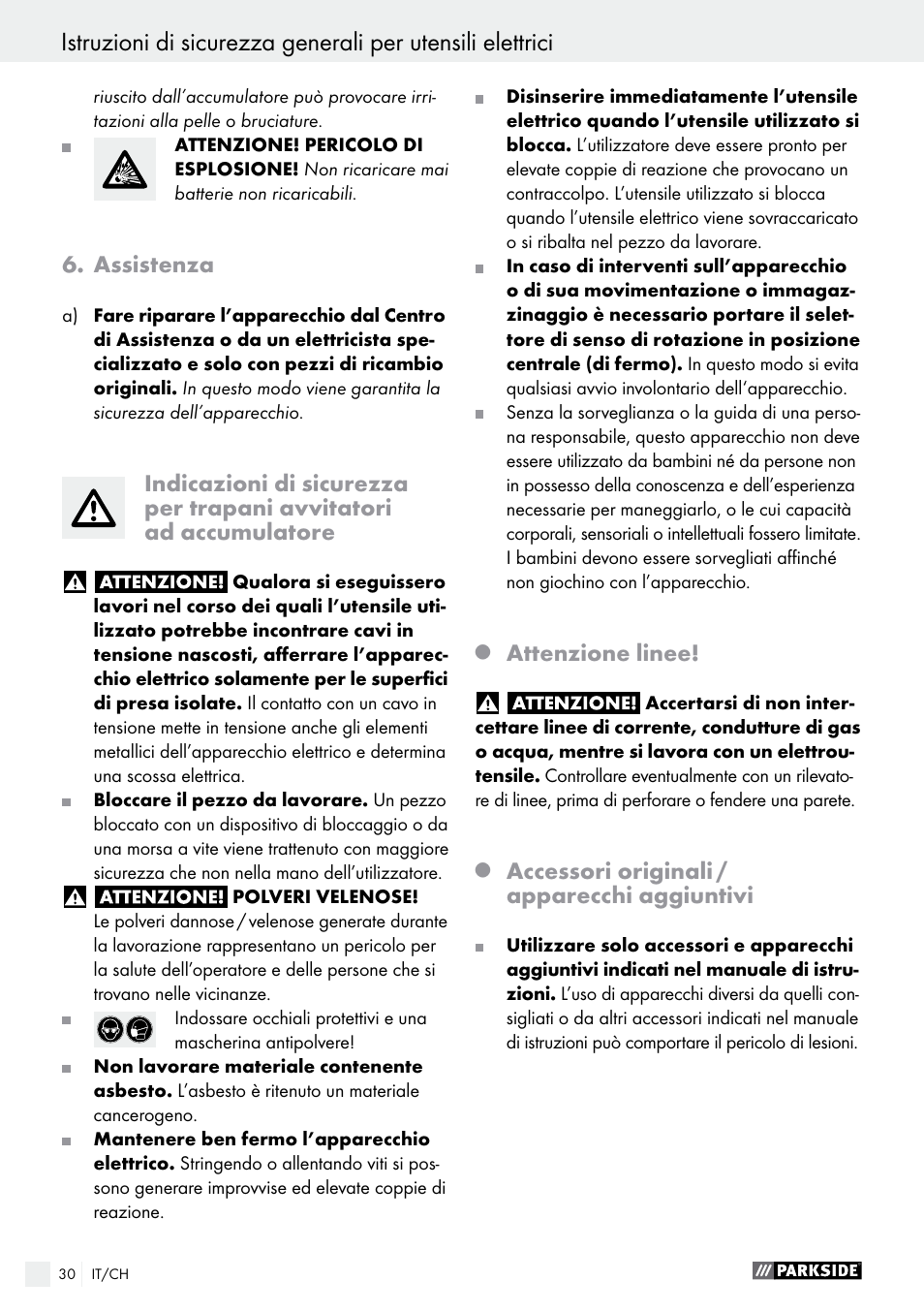 Assistenza, Attenzione linee, Accessori originali / apparecchi aggiuntivi | Parkside PABS 12 A1 User Manual | Page 30 / 45