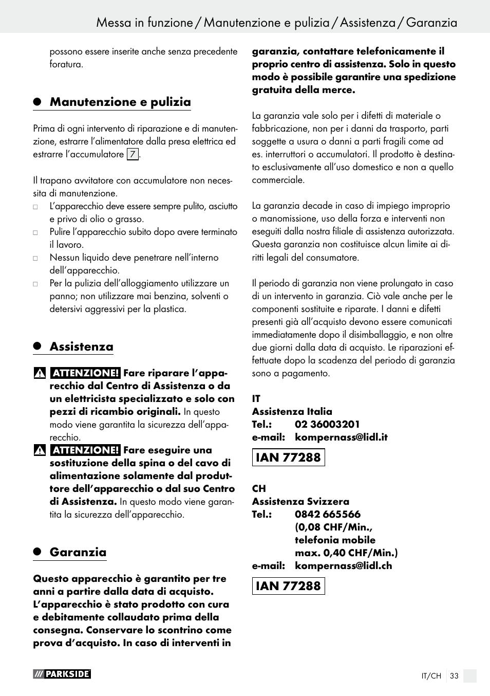 Manutenzione e pulizia, Assistenza, Garanzia | Parkside PABS 12 A1 User Manual | Page 33 / 45