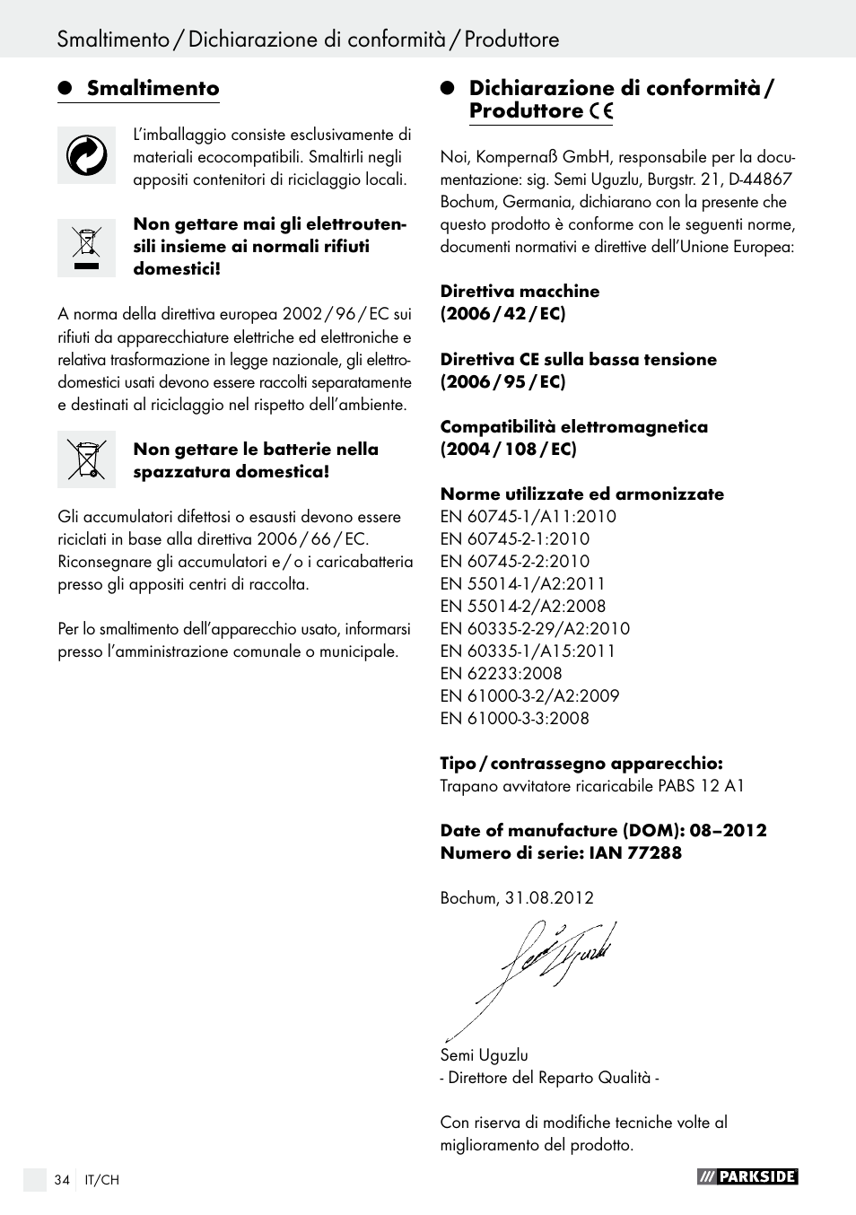 Smaltimento, Dichiarazione di conformità / produttore | Parkside PABS 12 A1 User Manual | Page 34 / 45