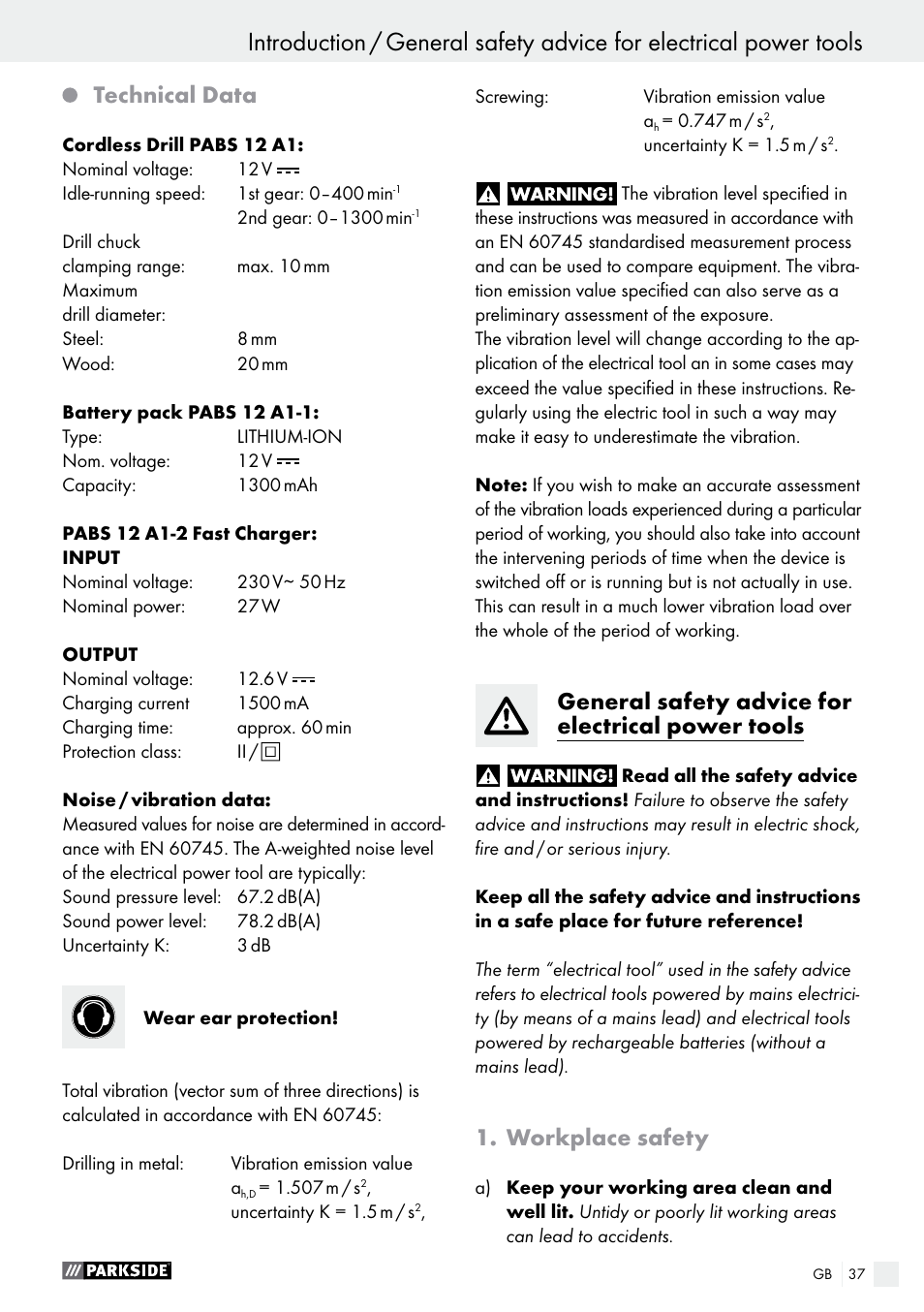 Technical data, General safety advice for electrical power tools, Workplace safety | Parkside PABS 12 A1 User Manual | Page 37 / 45