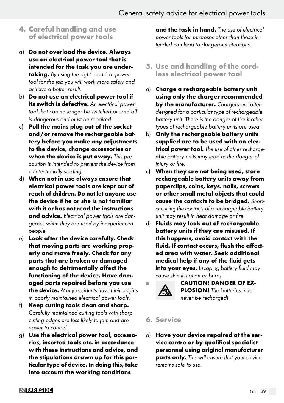 General safety advice for electrical power tools, Careful handling and use of electrical power tools, Service | Parkside PABS 12 A1 User Manual | Page 39 / 45