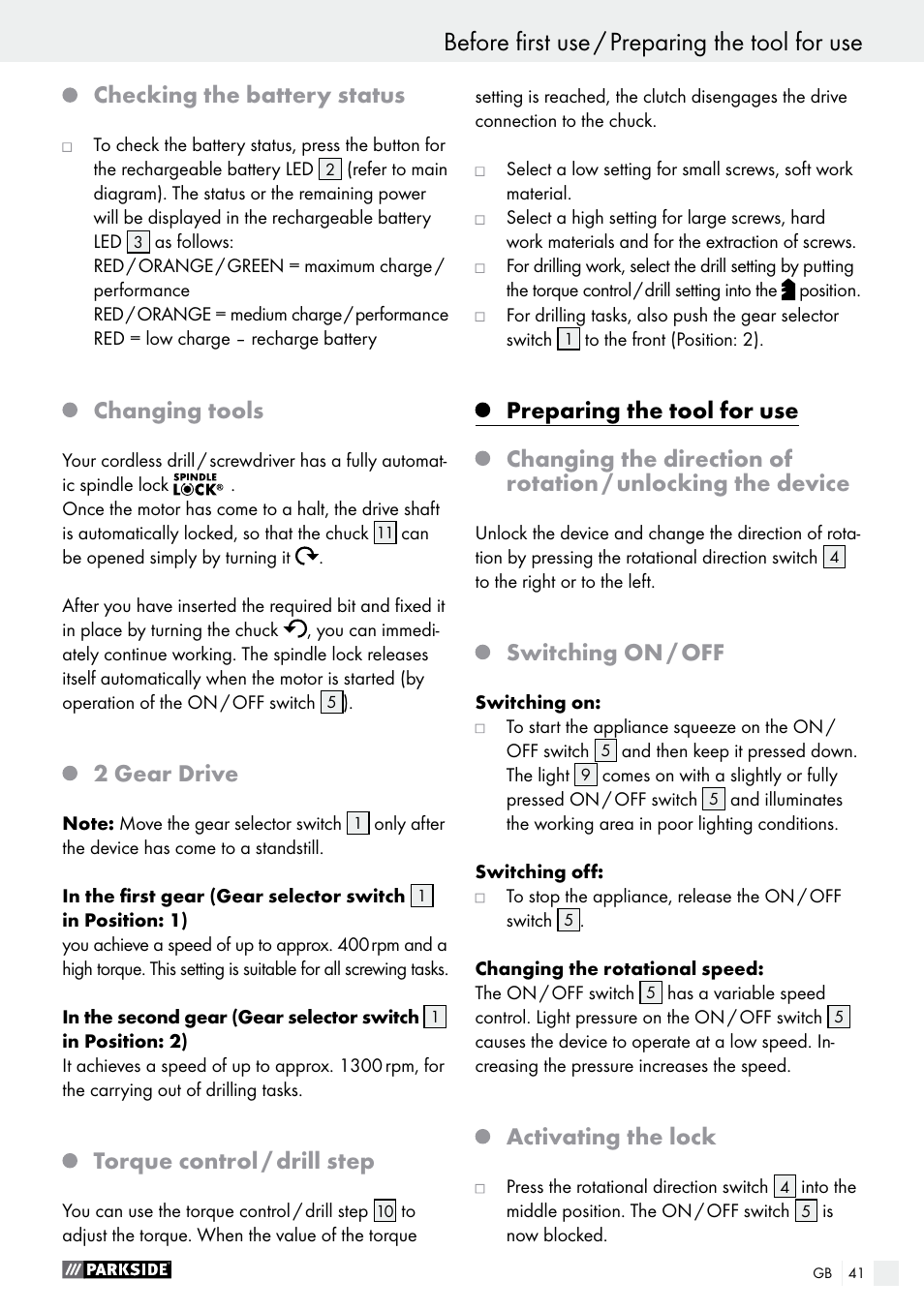Before first use / preparing the tool for use, Checking the battery status, Changing tools | 2 gear drive, Torque control / drill step, Switching on / off, Activating the lock | Parkside PABS 12 A1 User Manual | Page 41 / 45