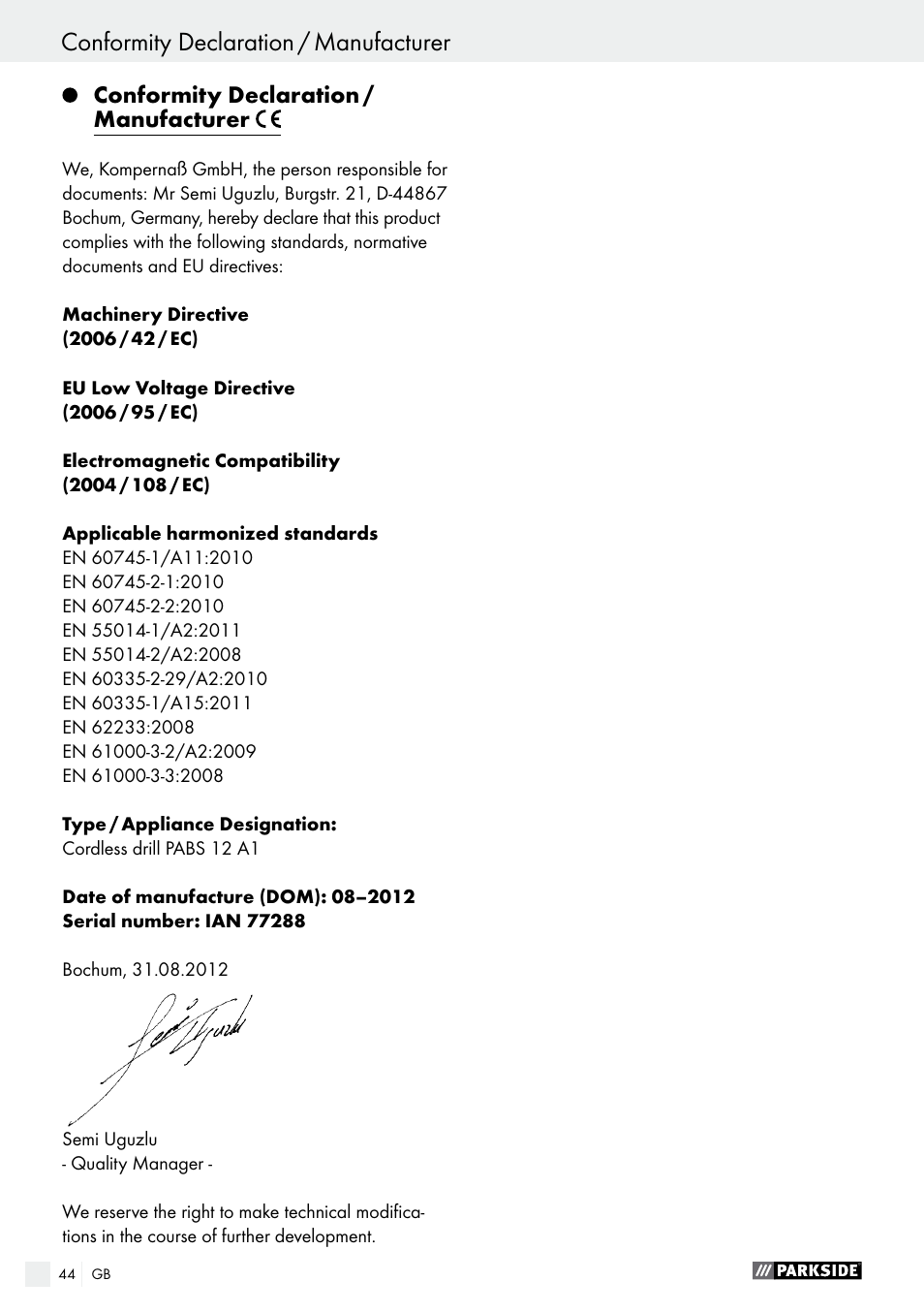Conformity declaration / manufacturer | Parkside PABS 12 A1 User Manual | Page 44 / 45
