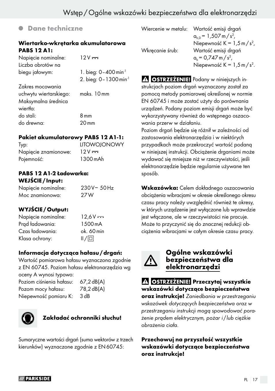Dane techniczne | Parkside PABS 12 A1 User Manual | Page 17 / 77