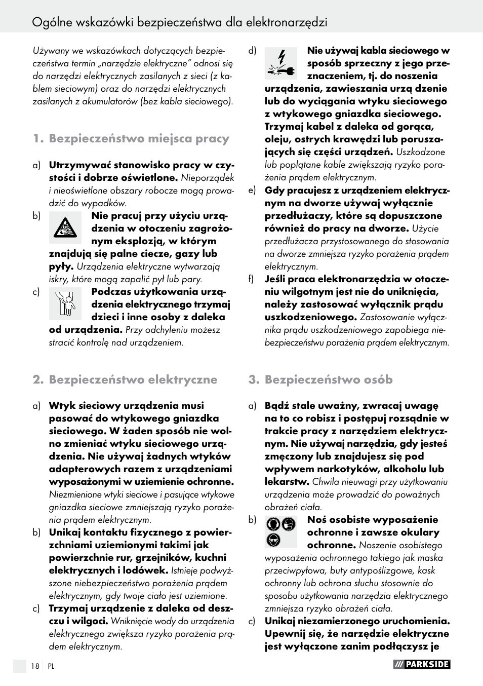 Bezpieczeństwo miejsca pracy, Bezpieczeństwo elektryczne, Bezpieczeństwo osób | Parkside PABS 12 A1 User Manual | Page 18 / 77