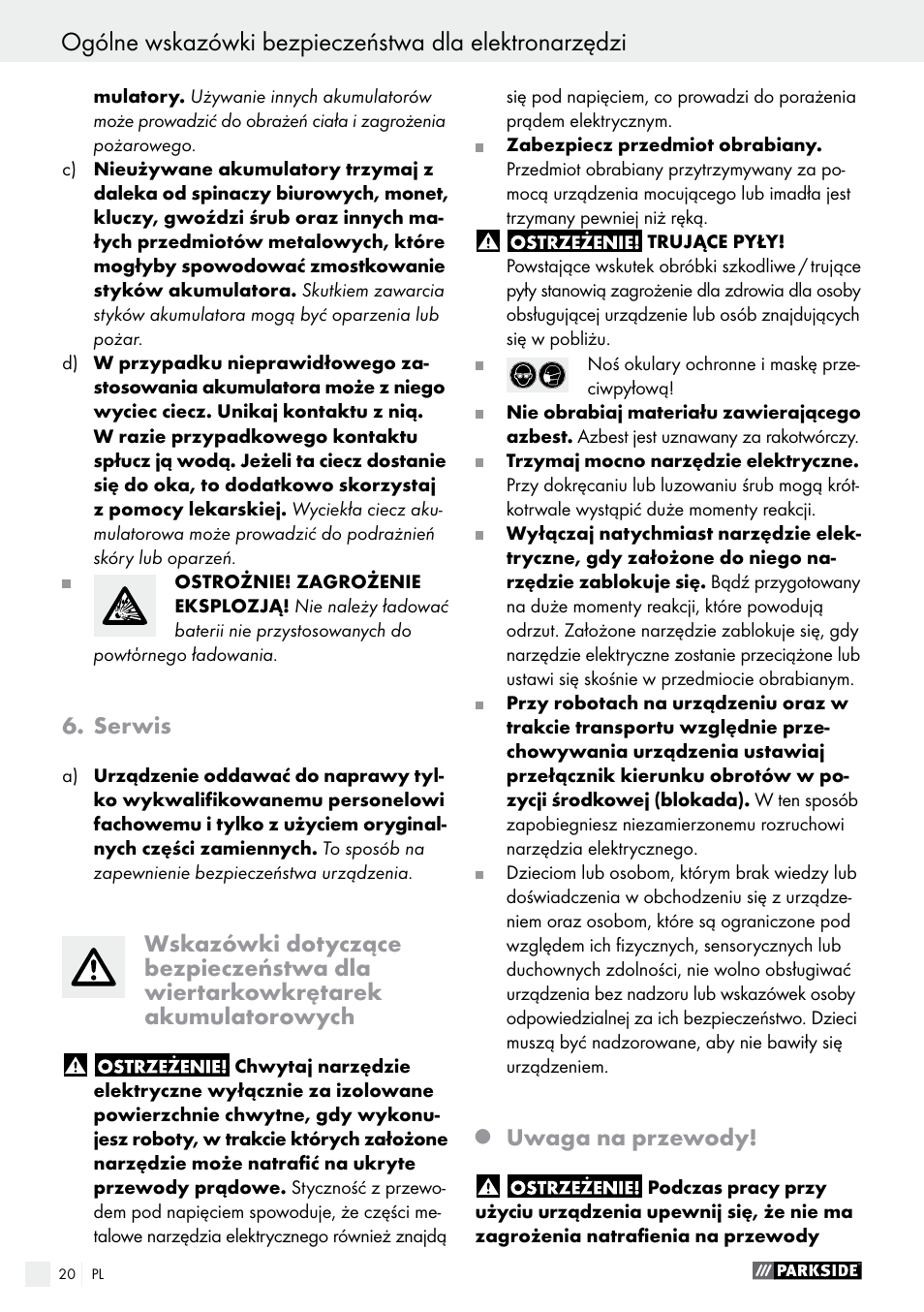 Serwis, Uwaga na przewody | Parkside PABS 12 A1 User Manual | Page 20 / 77