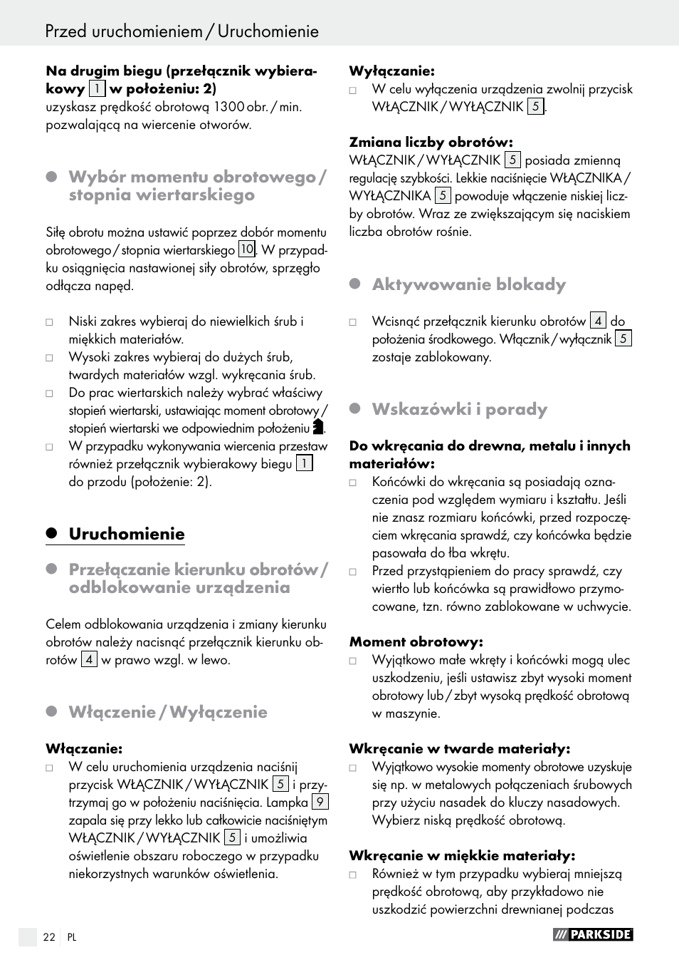 Wybór momentu obrotowego / stopnia wiertarskiego, Uruchomienie, Włączenie / wyłączenie | Aktywowanie blokady, Wskazówki i porady | Parkside PABS 12 A1 User Manual | Page 22 / 77