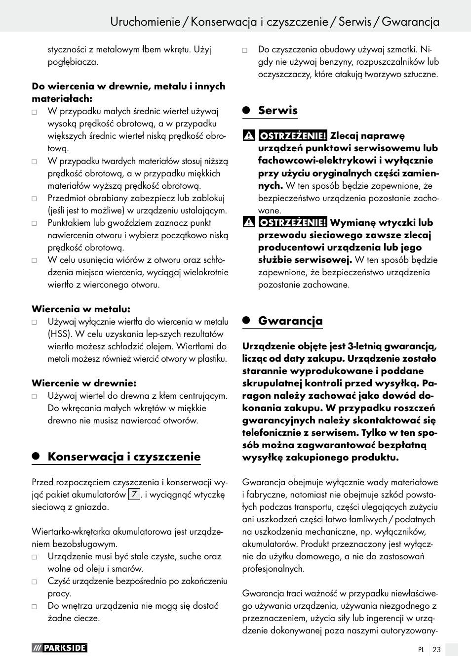 Konserwacja i czyszczenie, Serwis, Gwarancja | Parkside PABS 12 A1 User Manual | Page 23 / 77