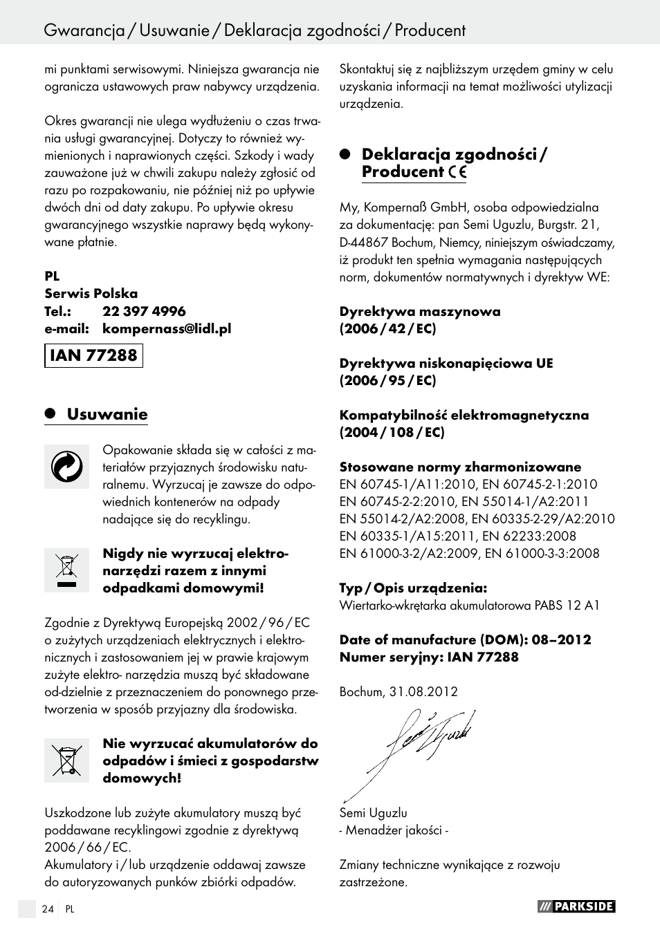 Usuwanie, Deklaracja zgodności / producent | Parkside PABS 12 A1 User Manual | Page 24 / 77