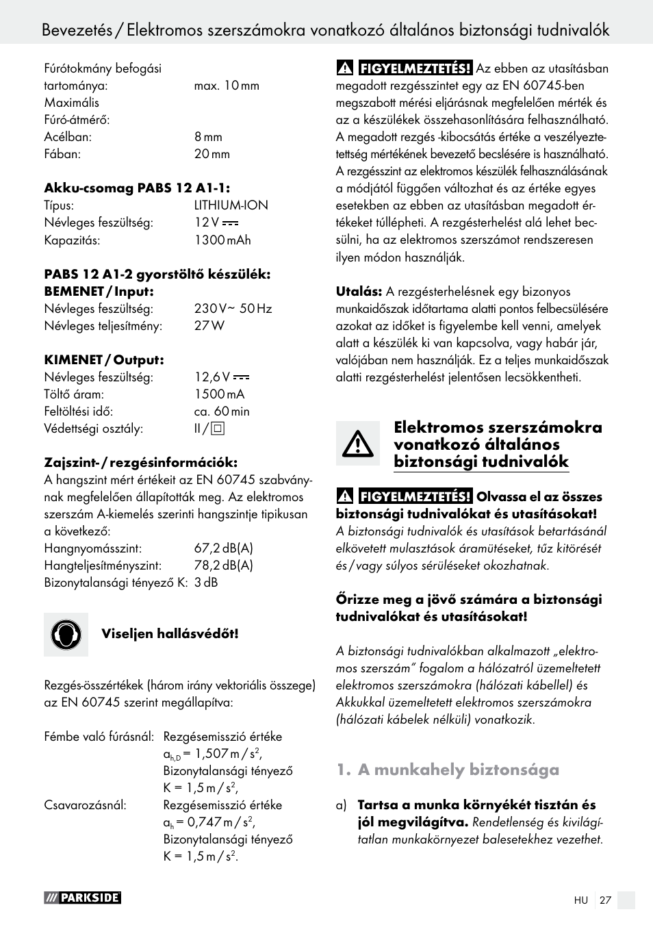 A munkahely biztonsága | Parkside PABS 12 A1 User Manual | Page 27 / 77