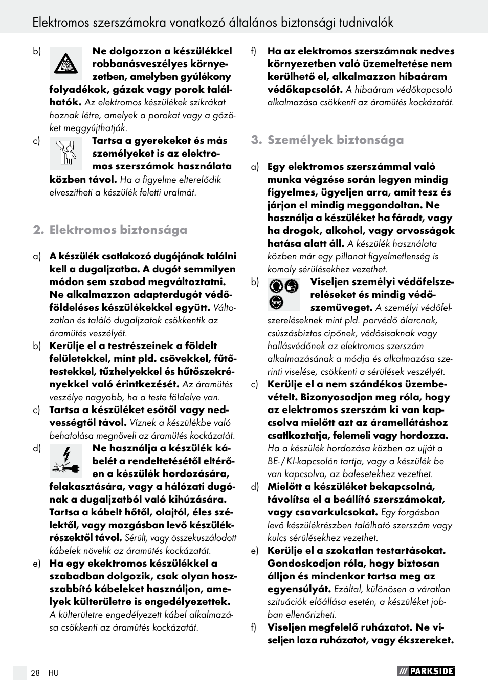 Elektromos biztonsága, Személyek biztonsága | Parkside PABS 12 A1 User Manual | Page 28 / 77