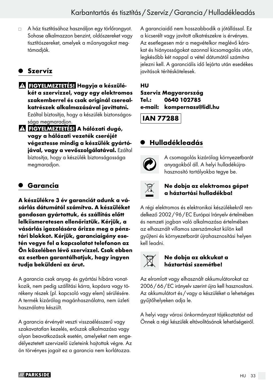 Szervíz, Garancia, Hulladékleadás | Parkside PABS 12 A1 User Manual | Page 33 / 77