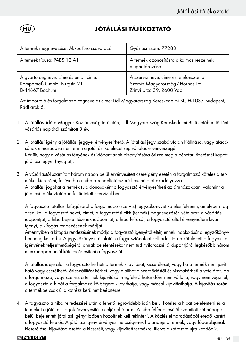 Jótállási tájékoztató | Parkside PABS 12 A1 User Manual | Page 35 / 77