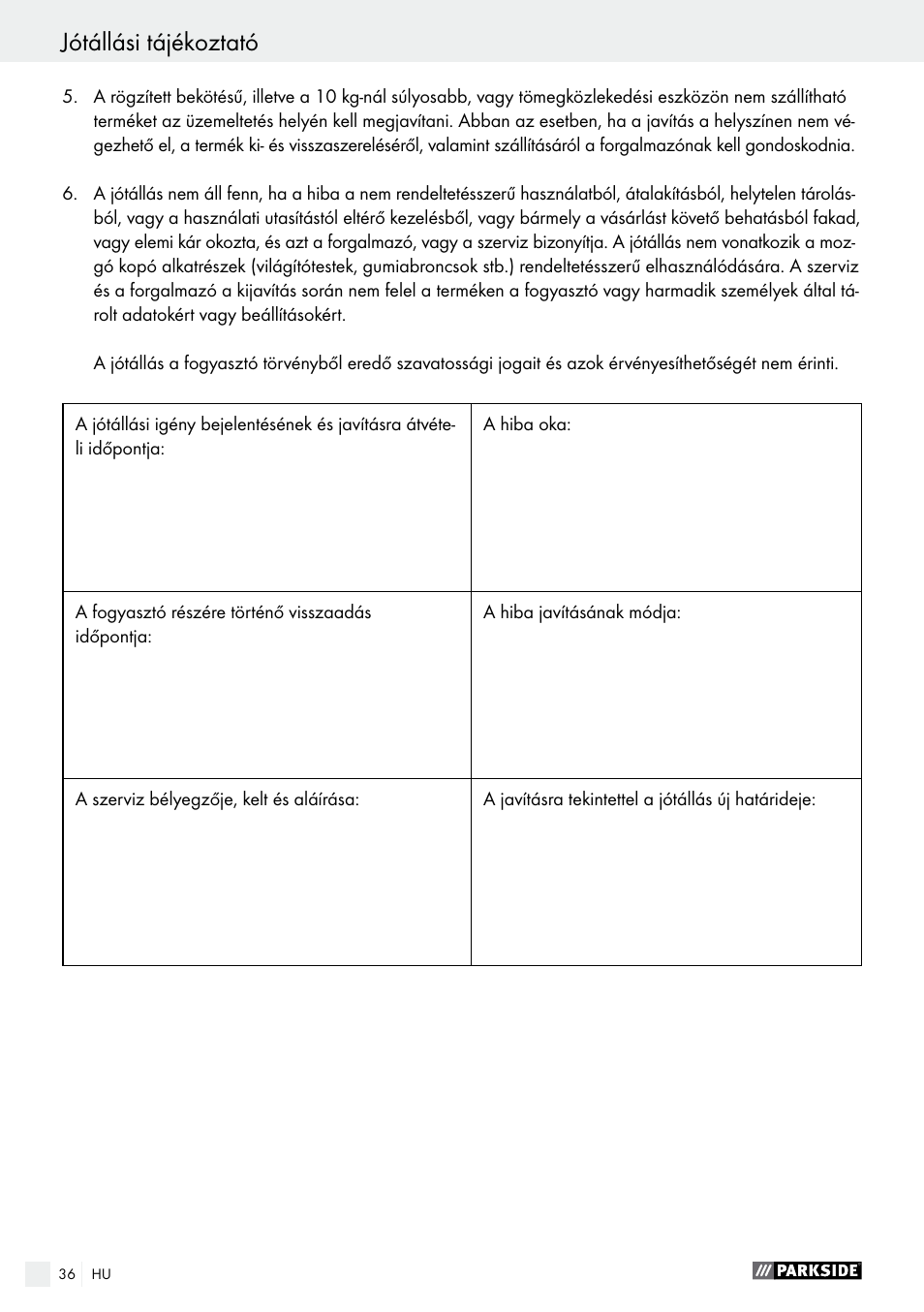 Jótállási tájékoztató kazalo | Parkside PABS 12 A1 User Manual | Page 36 / 77