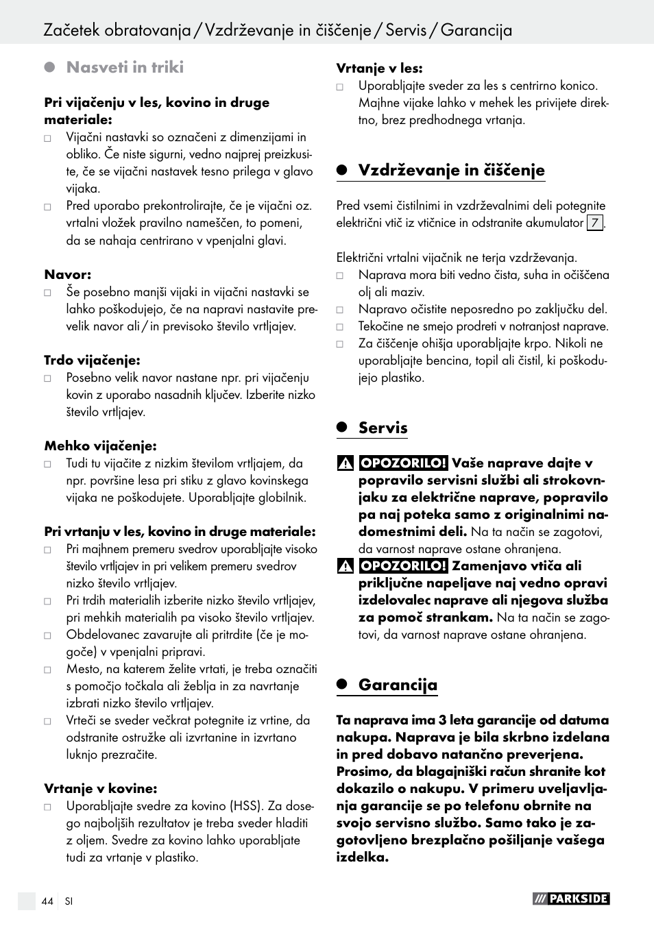 Nasveti in triki, Vzdrževanje in čiščenje, Servis | Garancija | Parkside PABS 12 A1 User Manual | Page 44 / 77