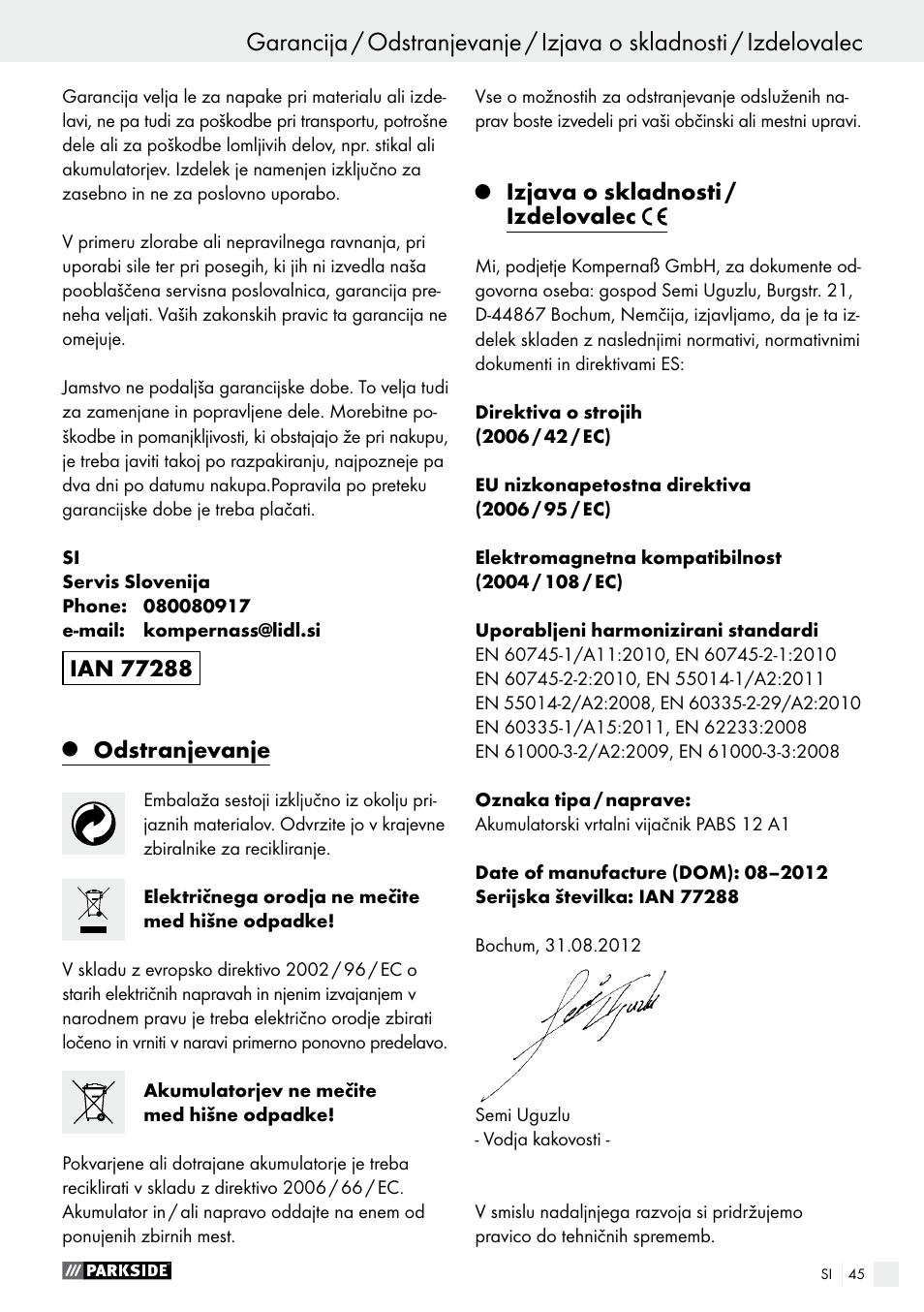 Odstranjevanje, Izjava o skladnosti / izdelovalec | Parkside PABS 12 A1 User Manual | Page 45 / 77