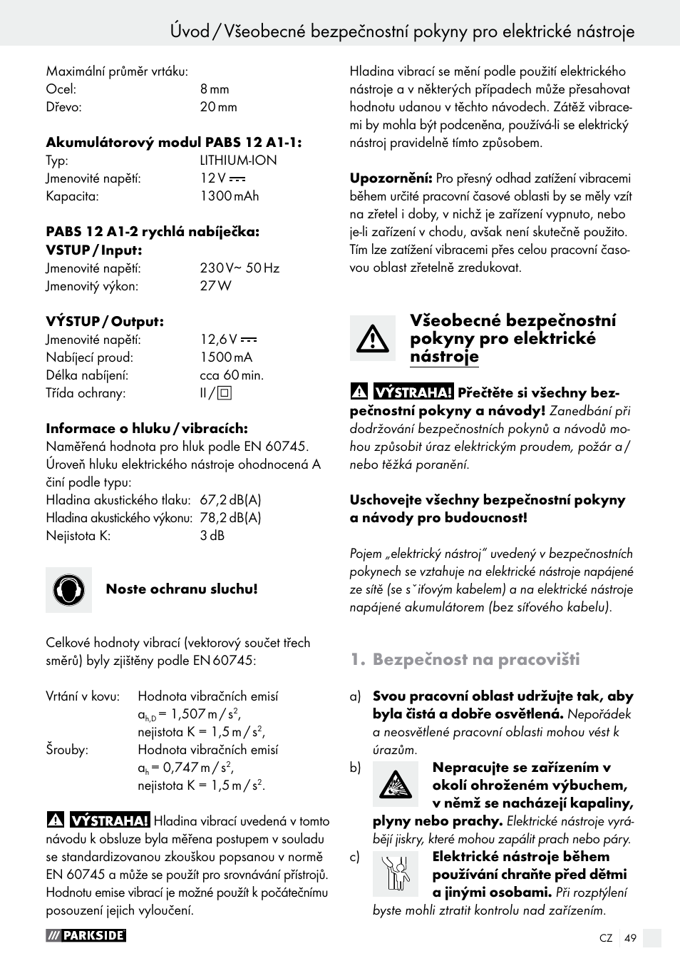 Bezpečnost na pracovišti | Parkside PABS 12 A1 User Manual | Page 49 / 77