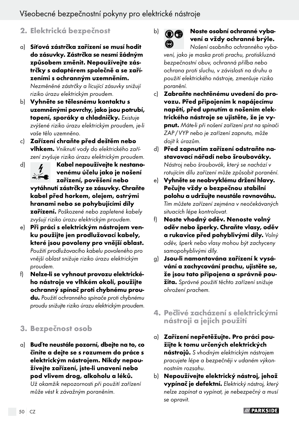 Elektrická bezpečnost, Bezpečnost osob | Parkside PABS 12 A1 User Manual | Page 50 / 77