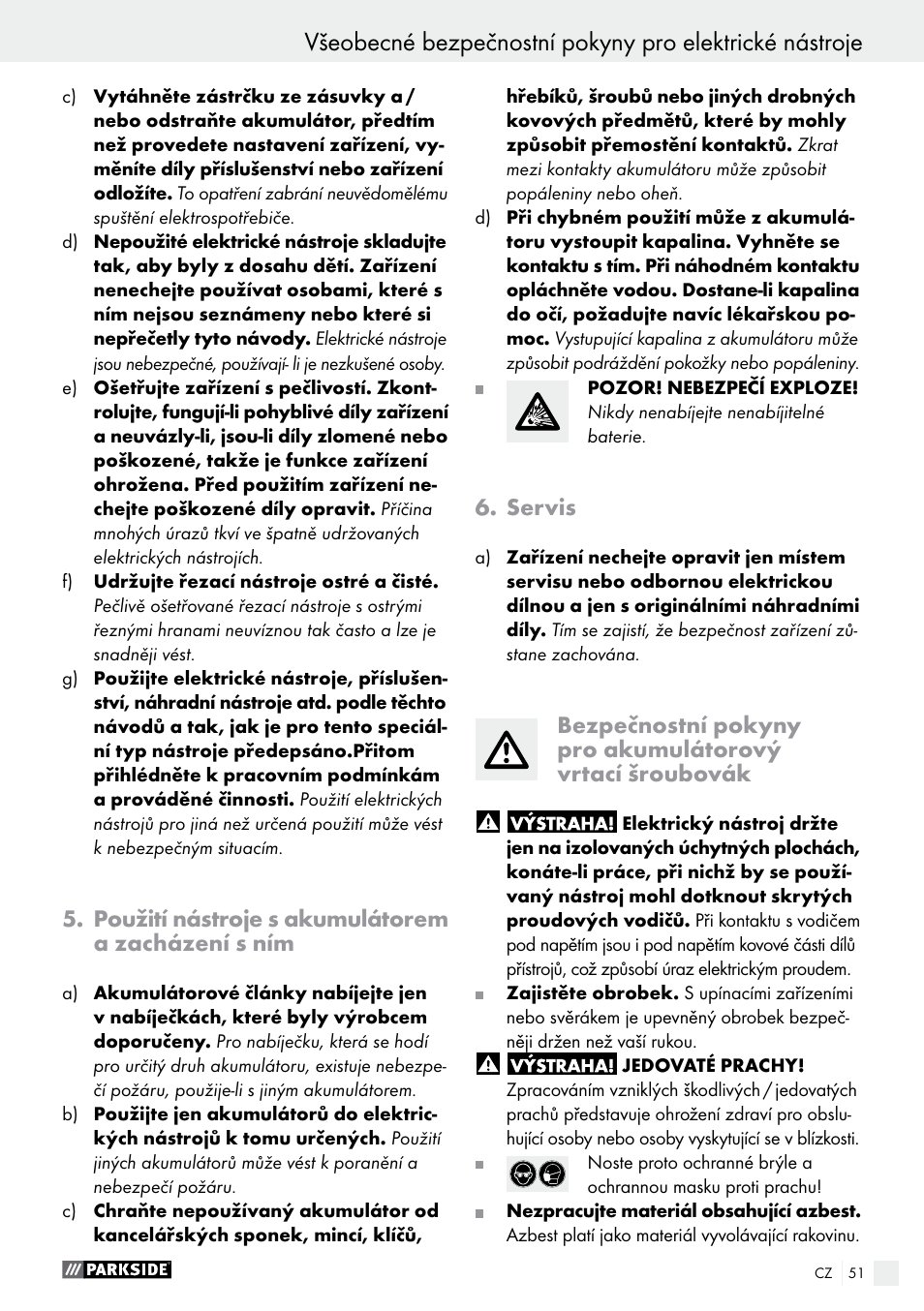 Použití nástroje s akumulátorem a zacházení s ním, Servis | Parkside PABS 12 A1 User Manual | Page 51 / 77