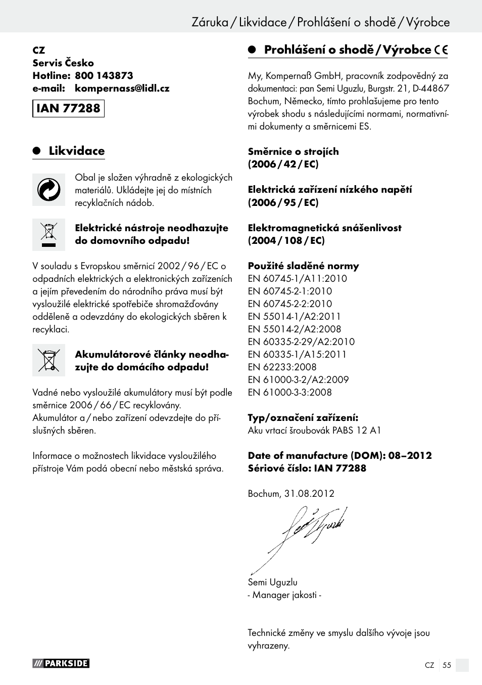 Likvidace, Prohlášení o shodě / výrobce | Parkside PABS 12 A1 User Manual | Page 55 / 77