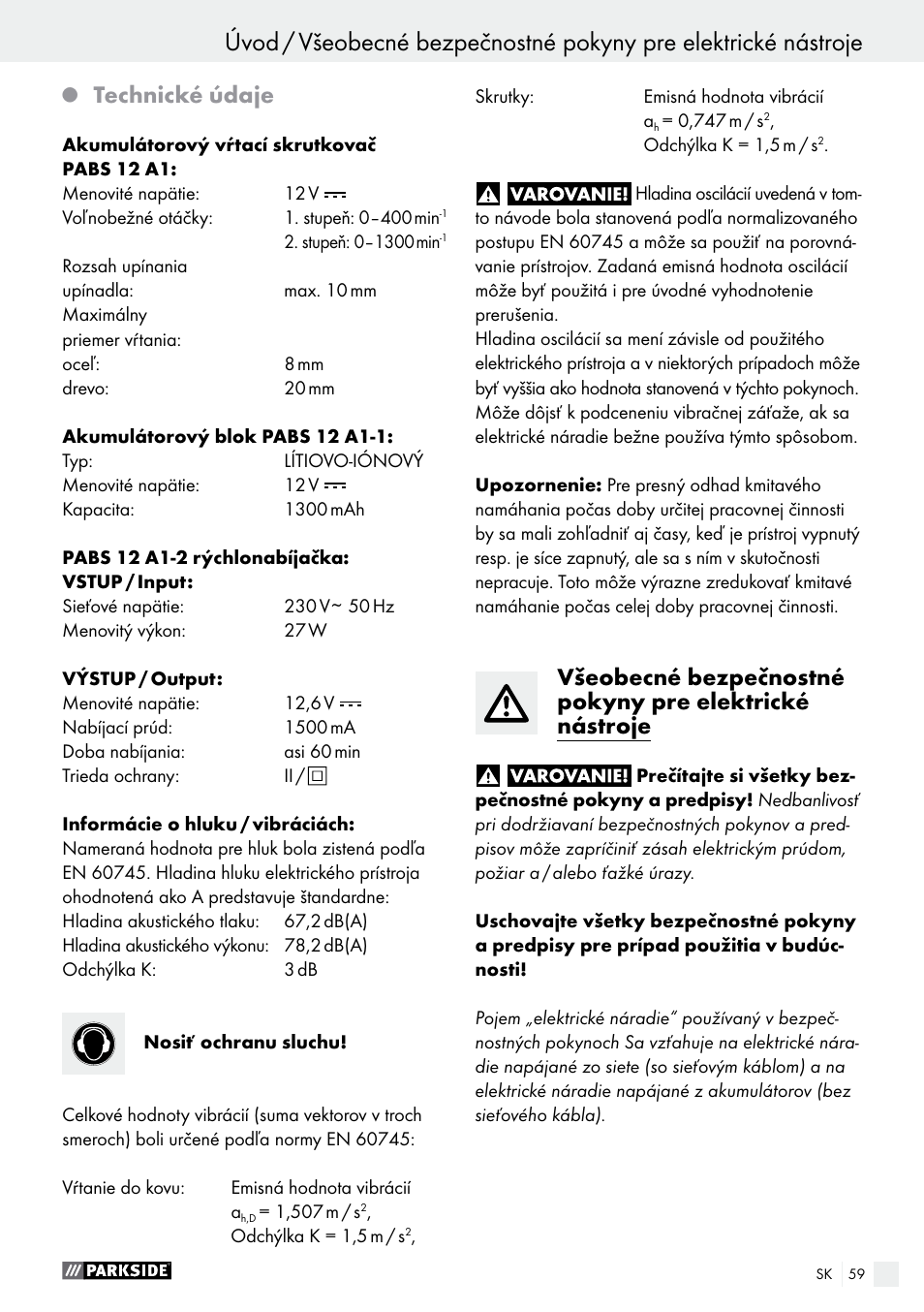 Technické údaje | Parkside PABS 12 A1 User Manual | Page 59 / 77