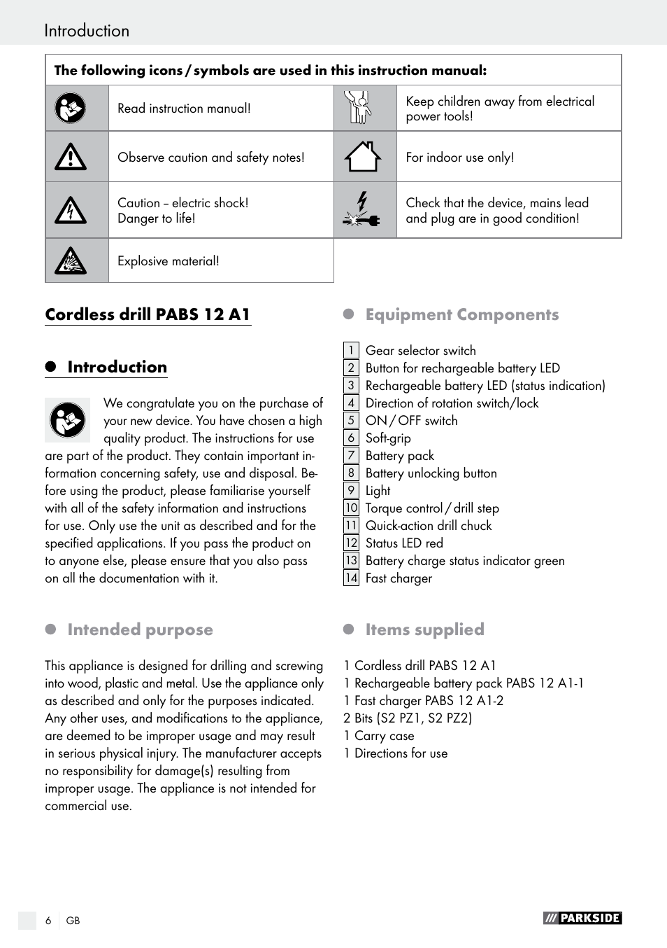 Introduction, Cordless drill pabs 12 a1, Intended purpose | Equipment components, Items supplied | Parkside PABS 12 A1 User Manual | Page 6 / 77