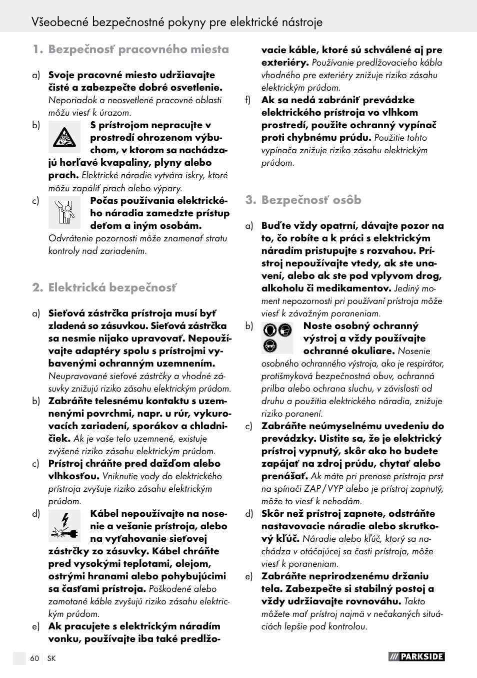Bezpečnosť pracovného miesta, Elektrická bezpečnosť, Bezpečnosť osôb | Parkside PABS 12 A1 User Manual | Page 60 / 77