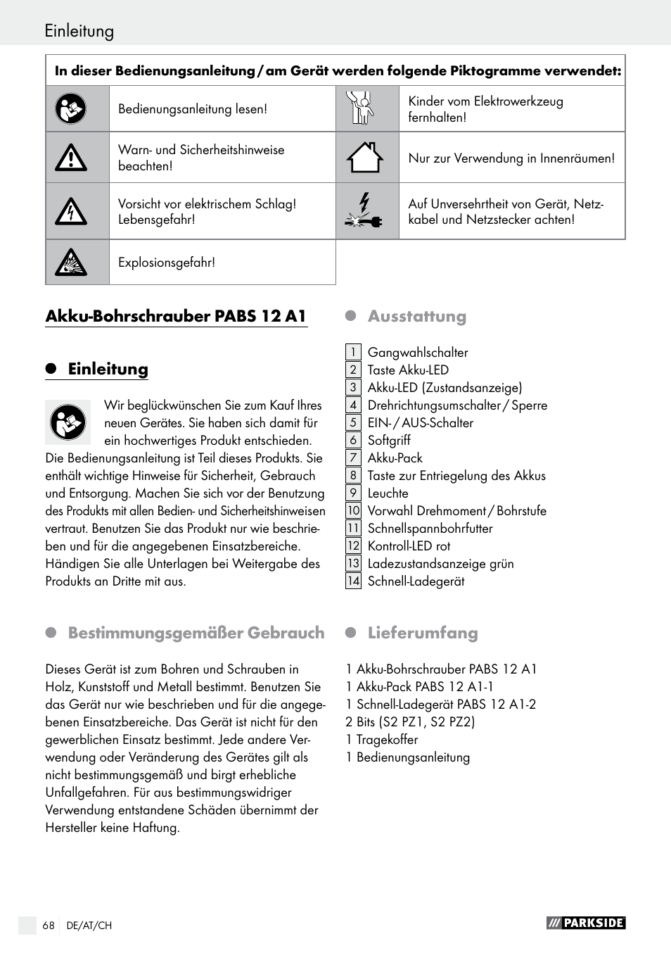 Akku-bohrschrauber pabs 12 a1, Einleitung, Bestimmungsgemäßer gebrauch | Ausstattung, Lieferumfang | Parkside PABS 12 A1 User Manual | Page 68 / 77