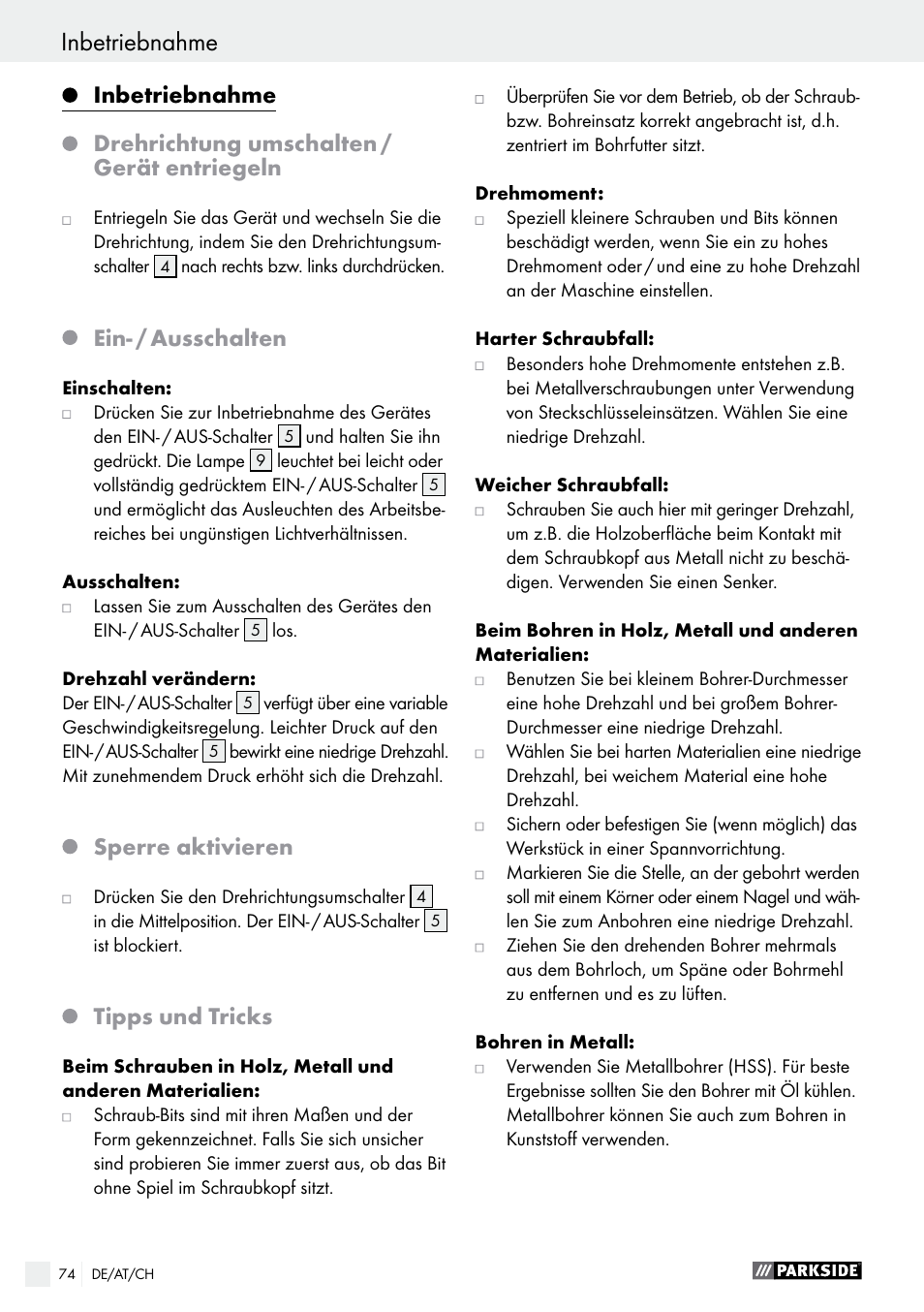 Inbetriebnahme, Ein- / ausschalten, Sperre aktivieren | Tipps und tricks | Parkside PABS 12 A1 User Manual | Page 74 / 77