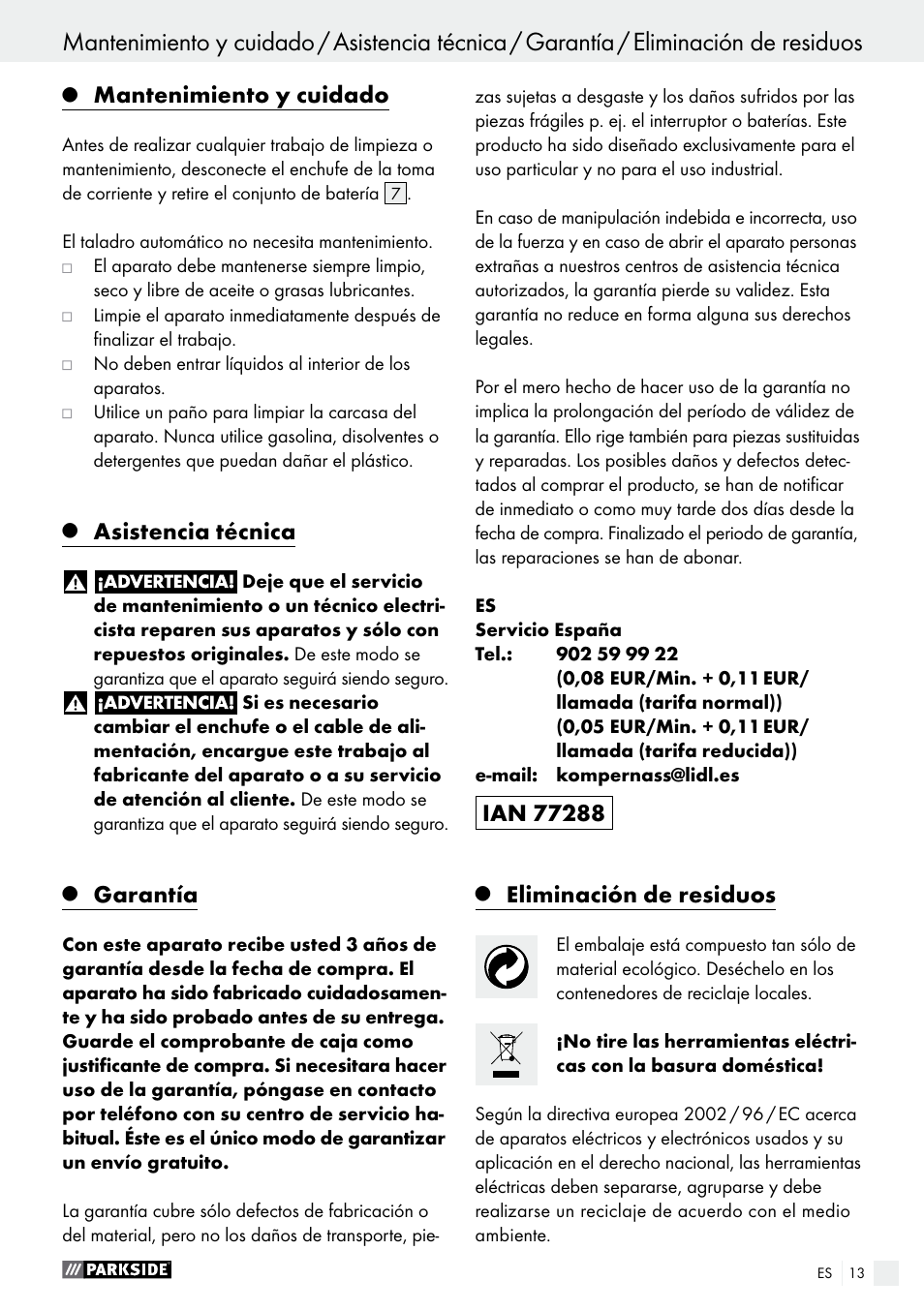 Mantenimiento y cuidado, Asistencia técnica, Garantía | Eliminación de residuos | Parkside PABS 12 A1 User Manual | Page 13 / 55