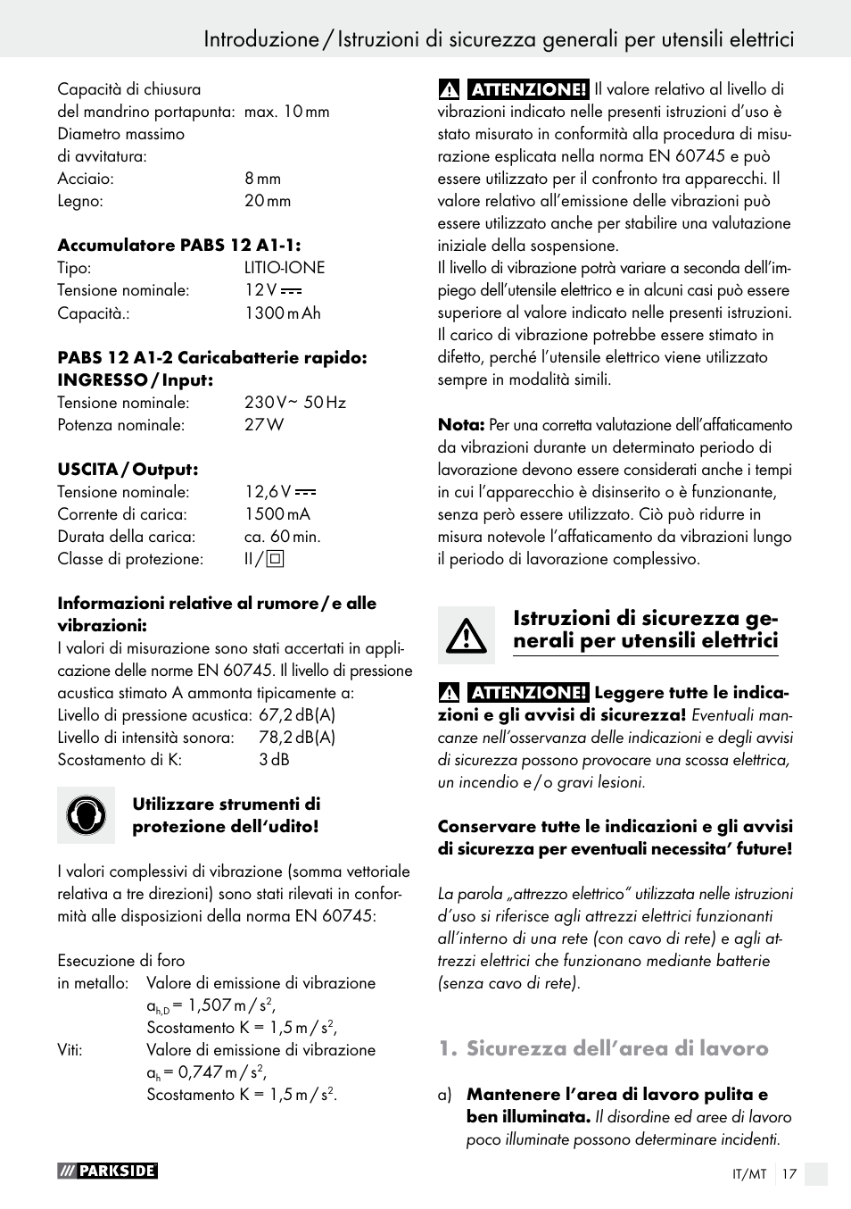 Sicurezza dell’area di lavoro | Parkside PABS 12 A1 User Manual | Page 17 / 55