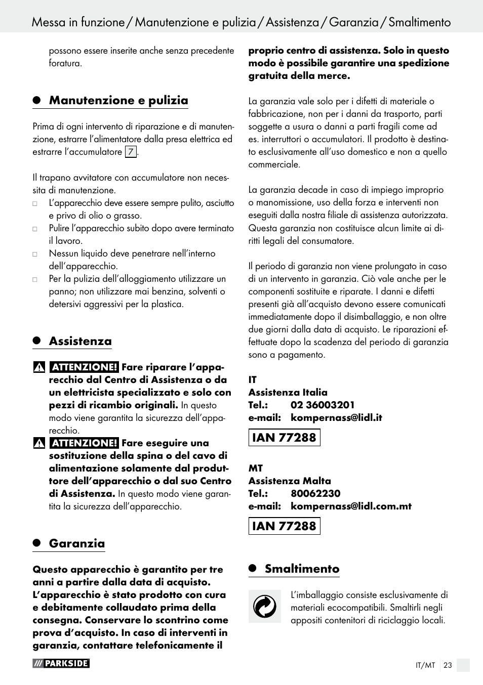 Manutenzione e pulizia, Assistenza, Garanzia | Smaltimento | Parkside PABS 12 A1 User Manual | Page 23 / 55