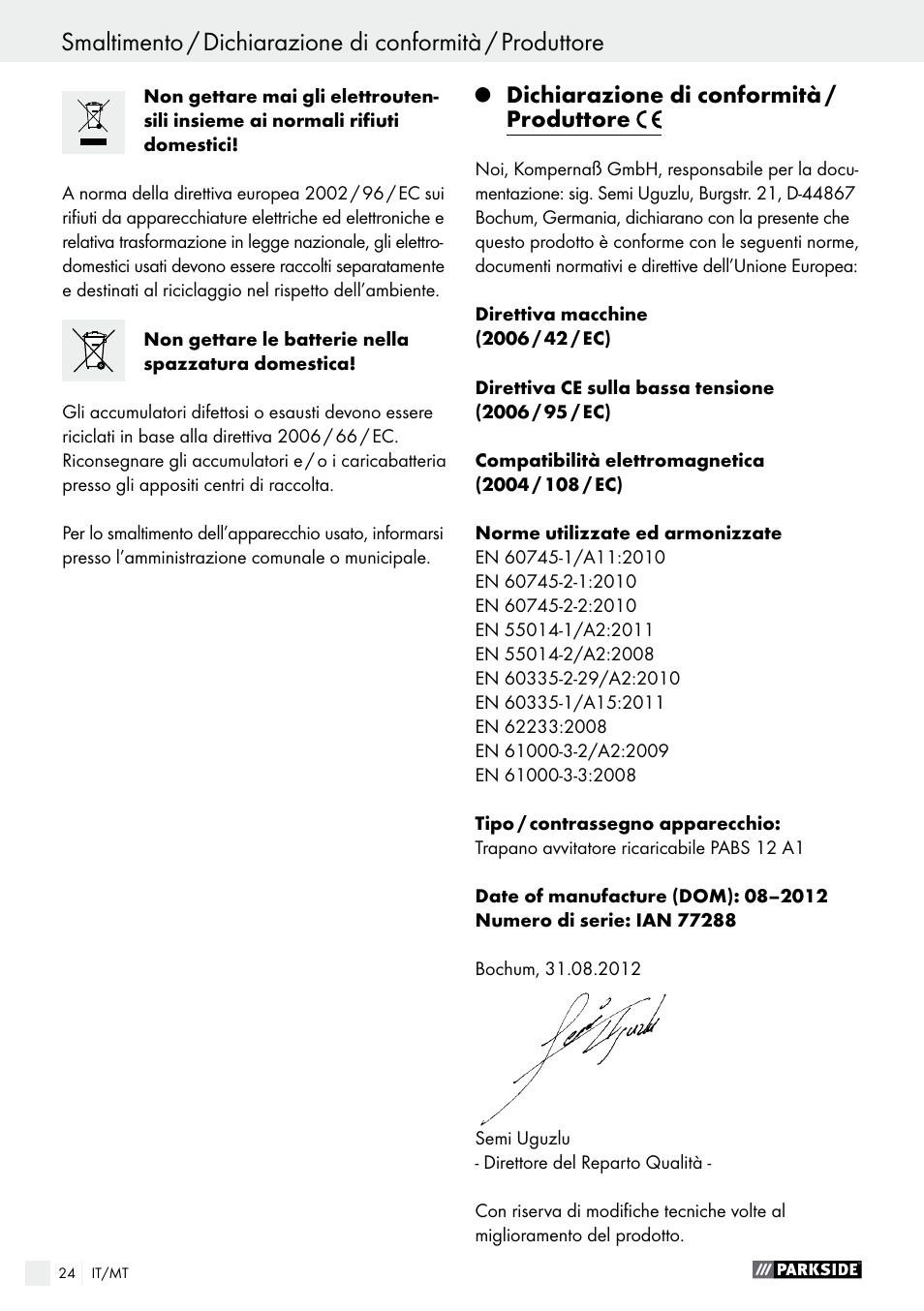 Dichiarazione di conformità / produttore | Parkside PABS 12 A1 User Manual | Page 24 / 55