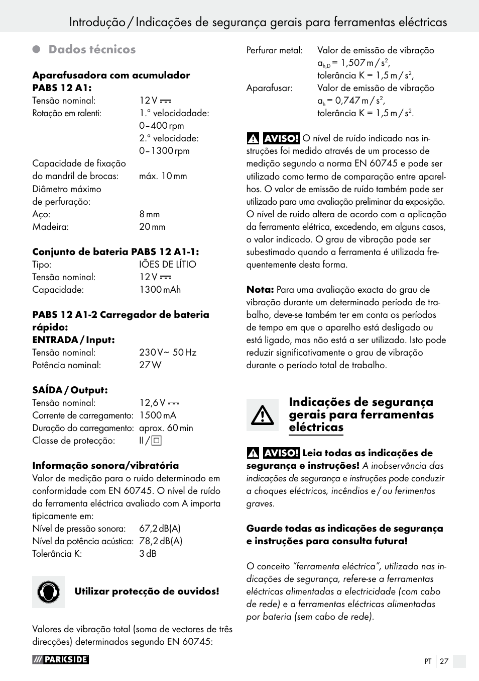 Introdução, Dados técnicos | Parkside PABS 12 A1 User Manual | Page 27 / 55