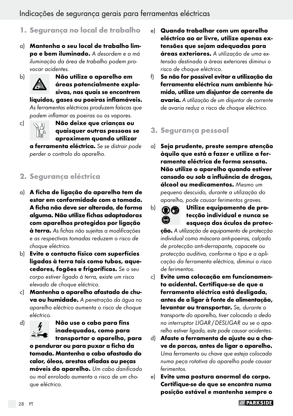 Segurança no local de trabalho, Segurança eléctrica, Segurança pessoal | Parkside PABS 12 A1 User Manual | Page 28 / 55