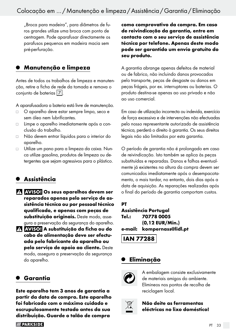 Colocação em funcionamento, Manutenção e limpeza, Assistência | Garantia, Eliminação | Parkside PABS 12 A1 User Manual | Page 33 / 55