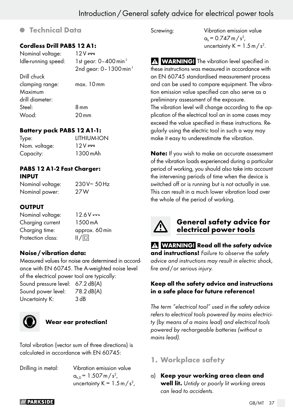 Technical data, General safety advice for electrical power tools, Workplace safety | Parkside PABS 12 A1 User Manual | Page 37 / 55