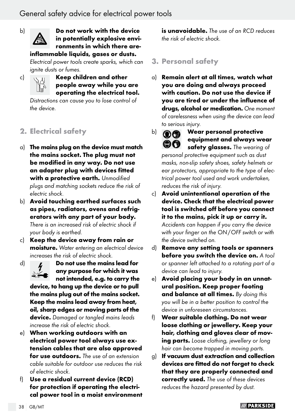 General safety advice for electrical power tools, Electrical safety, Personal safety | Parkside PABS 12 A1 User Manual | Page 38 / 55