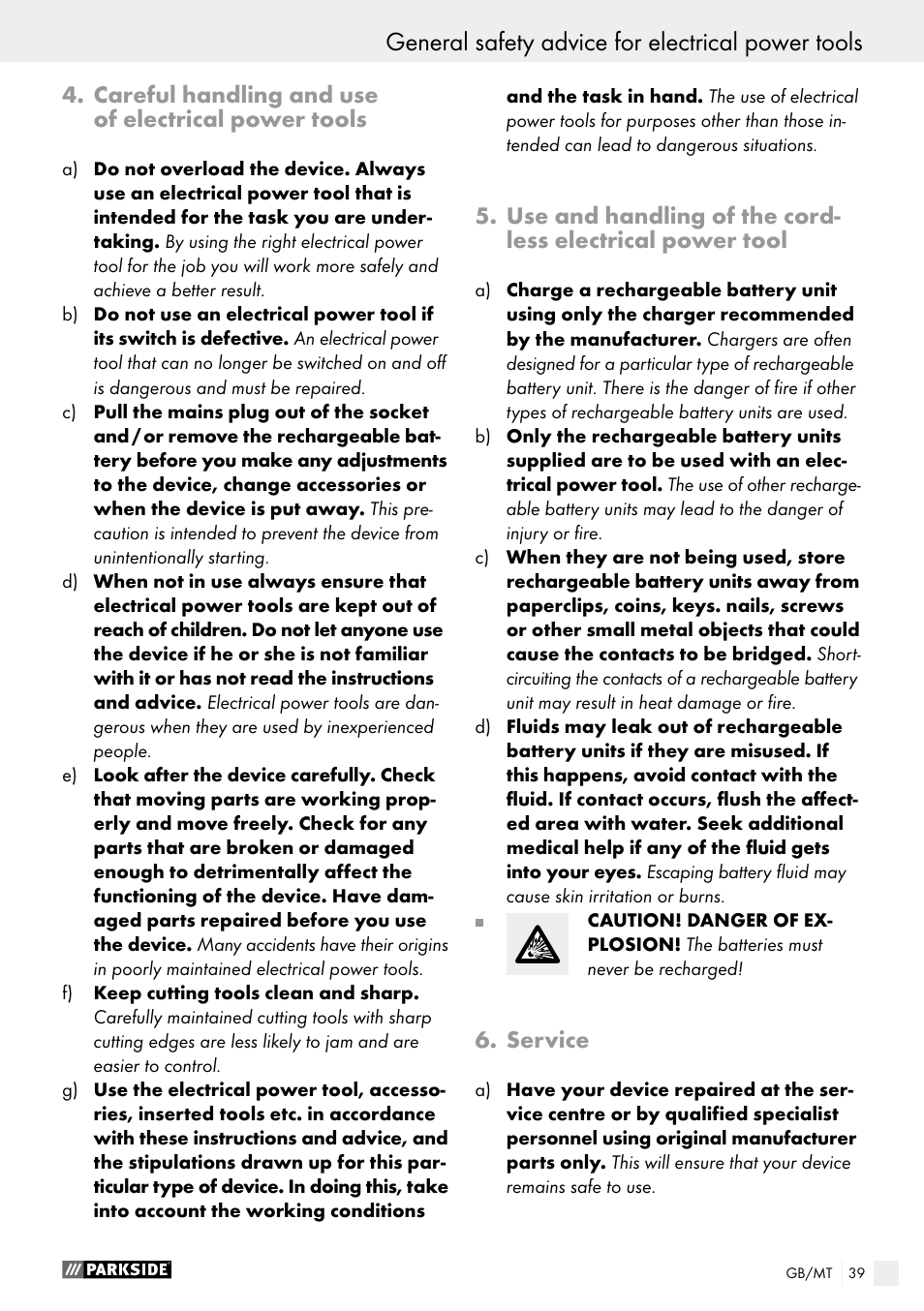 General safety advice for electrical power tools, Careful handling and use of electrical power tools, Service | Parkside PABS 12 A1 User Manual | Page 39 / 55