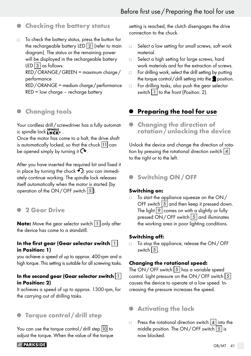 Before first use / preparing the tool for use, Checking the battery status, Changing tools | 2 gear drive, Torque control / drill step, Switching on / off, Activating the lock | Parkside PABS 12 A1 User Manual | Page 41 / 55