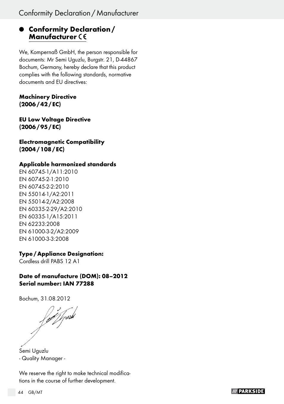 Conformity declaration / manufacturer | Parkside PABS 12 A1 User Manual | Page 44 / 55