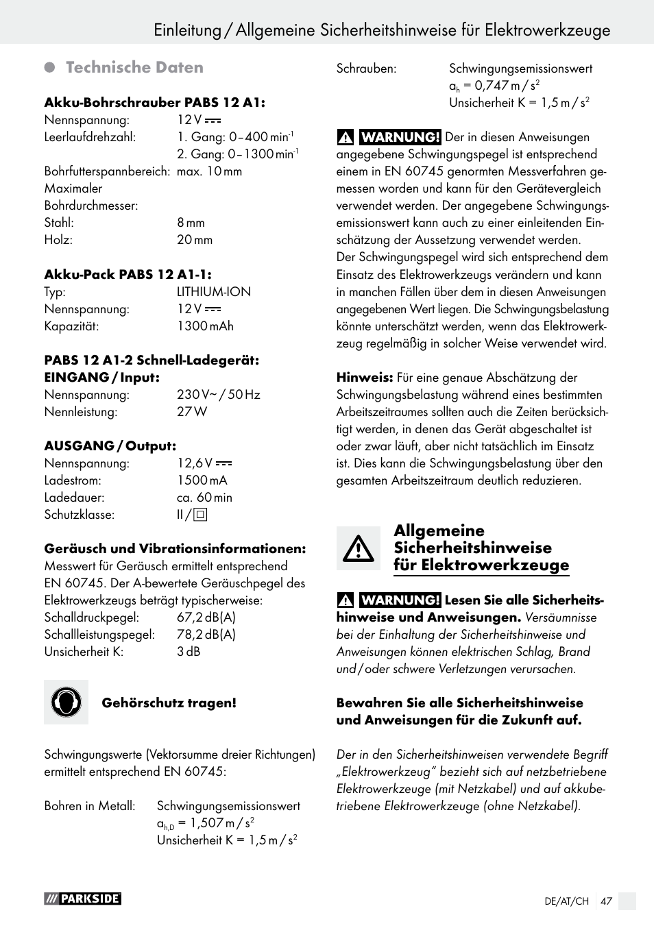Technische daten | Parkside PABS 12 A1 User Manual | Page 47 / 55