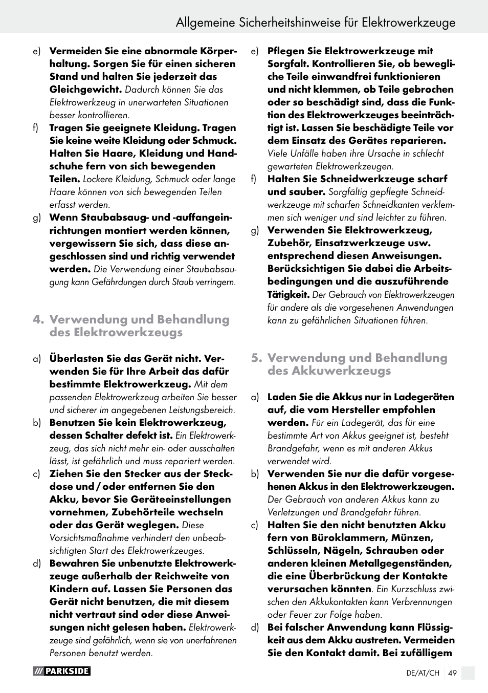 Verwendung und behandlung des elektrowerkzeugs, Verwendung und behandlung des akkuwerkzeugs | Parkside PABS 12 A1 User Manual | Page 49 / 55