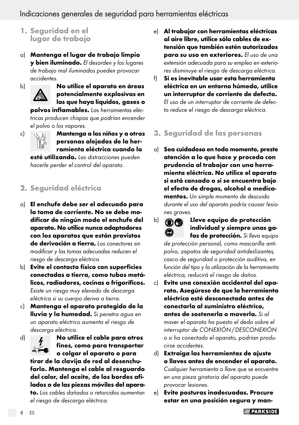 Seguridad en el lugar de trabajo, Seguridad eléctrica, Seguridad de las personas | Parkside PABS 12 A1 User Manual | Page 8 / 55