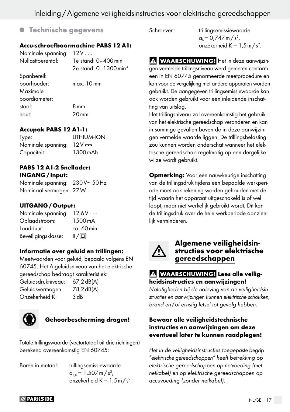 Technische gegevens | Parkside PABS 12 A1 User Manual | Page 17 / 45